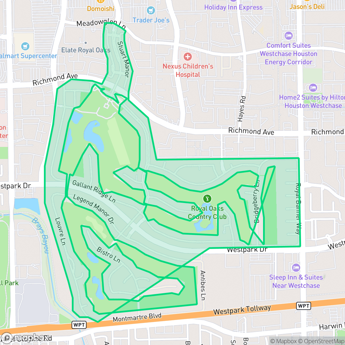 Map showing the location of Royal Oaks Country Club, Houston, TX