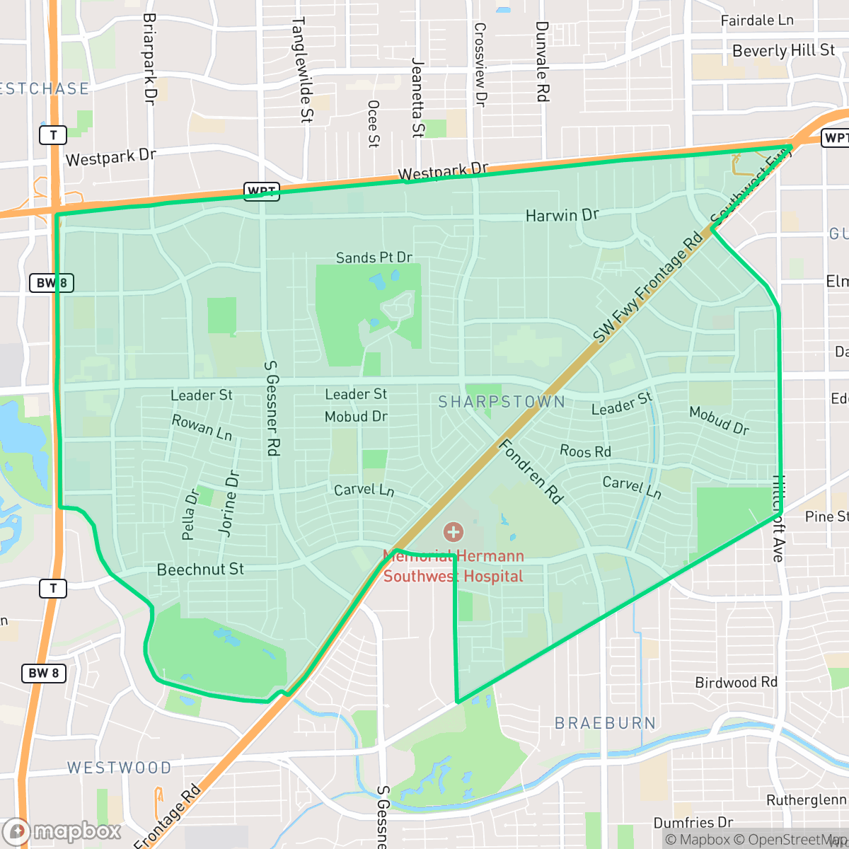 Map showing the location of Sharpstown, Houston, TX