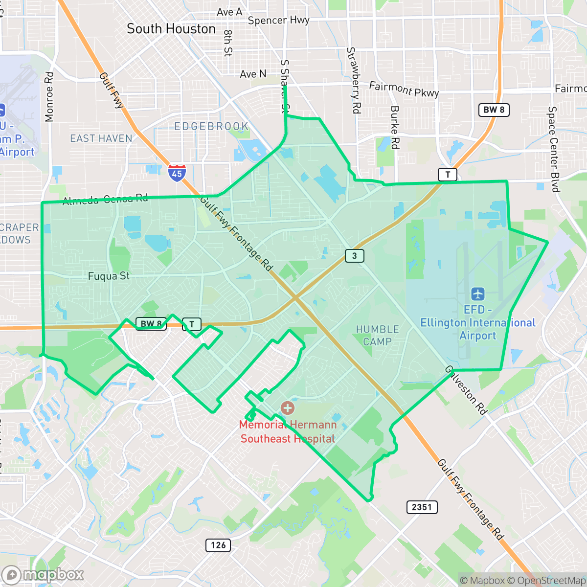 Map showing the location of South Belt - Ellington, Houston, TX
