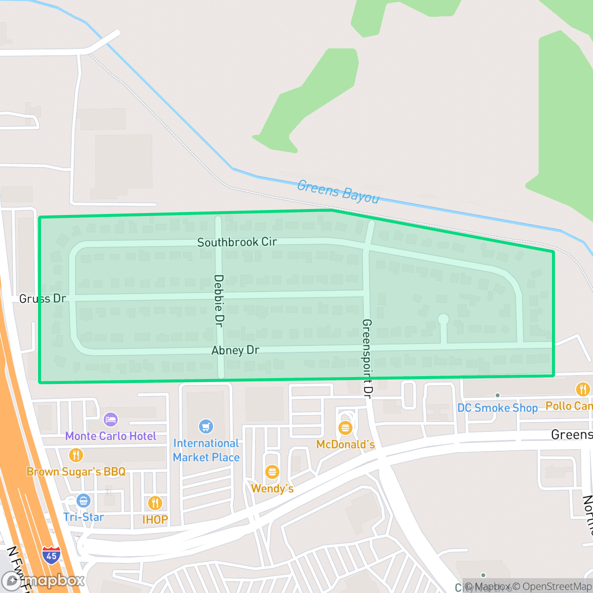 Map showing the location of Southbrook, Houston, TX