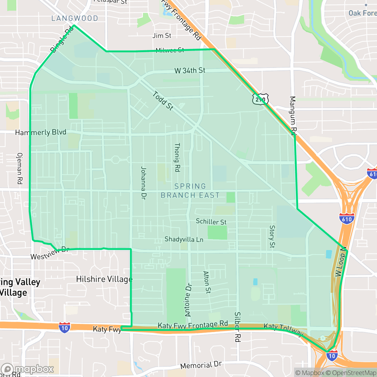 Map showing the location of Spring Branch East, Houston, TX