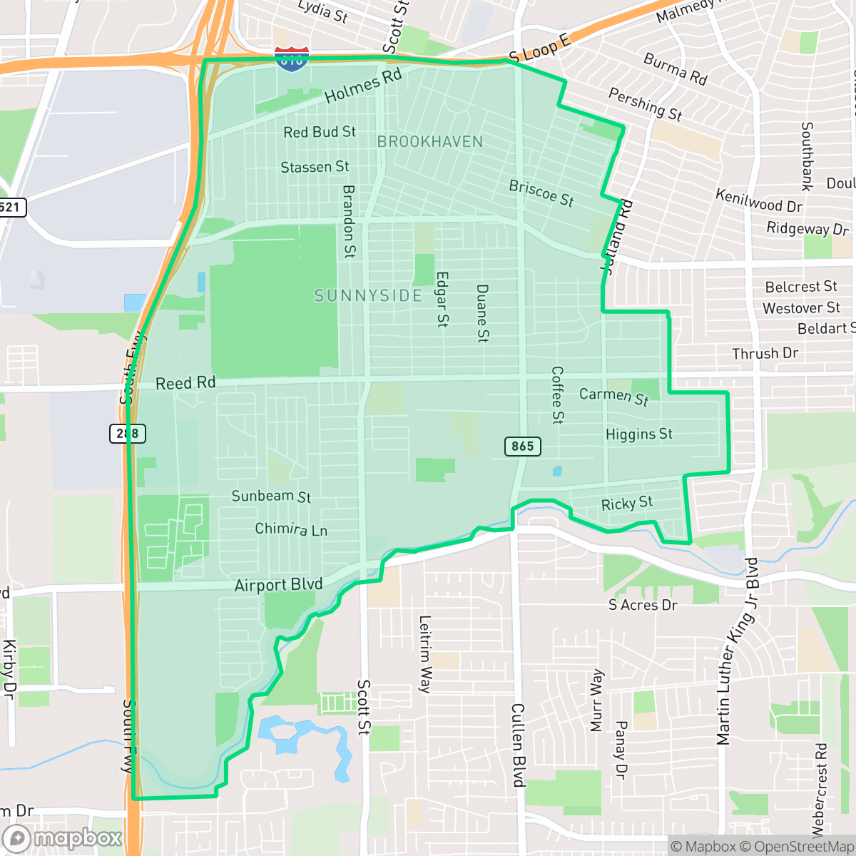 Map showing the location of Sunnyside, Houston, TX