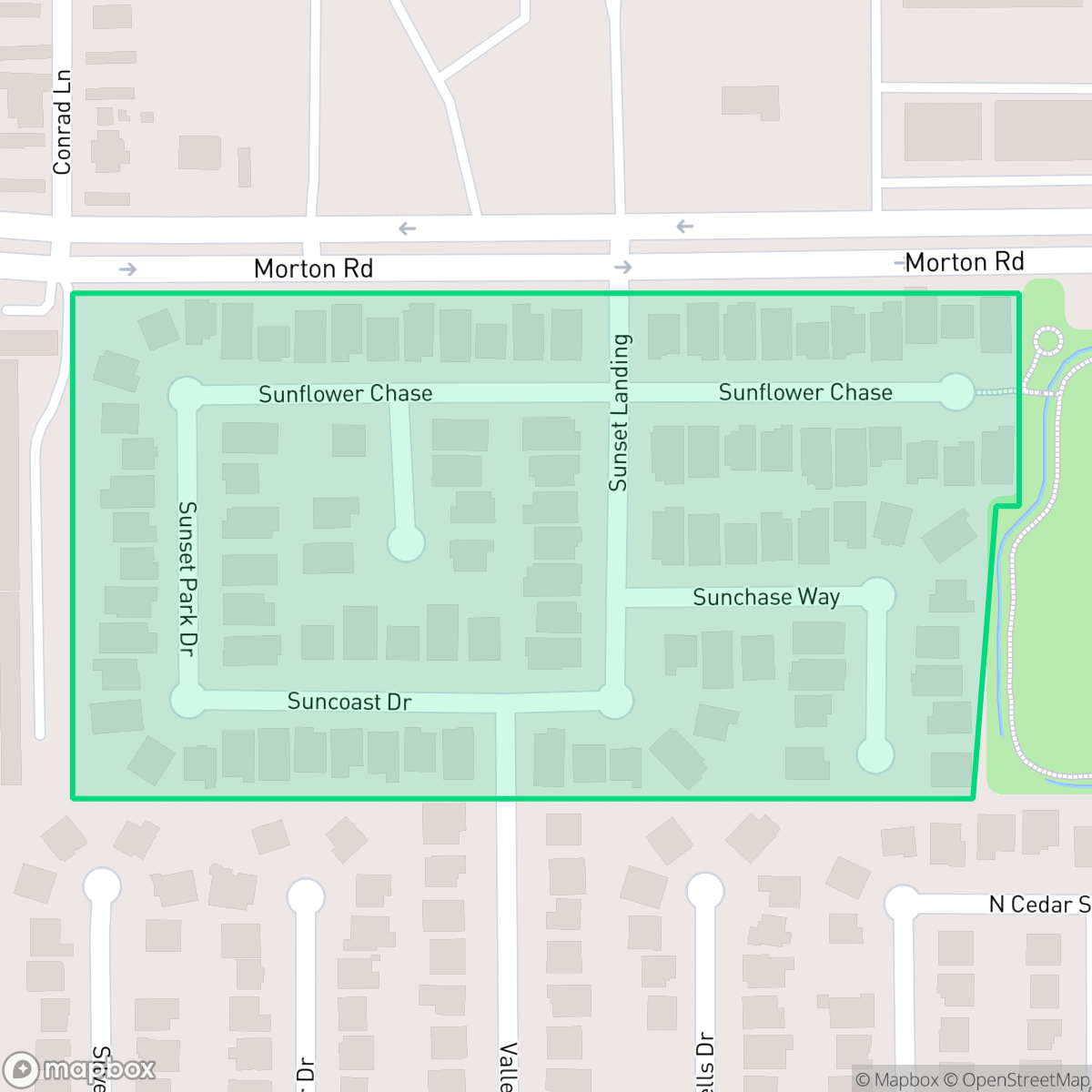Map showing the location of Sunset Meadow, Houston, TX
