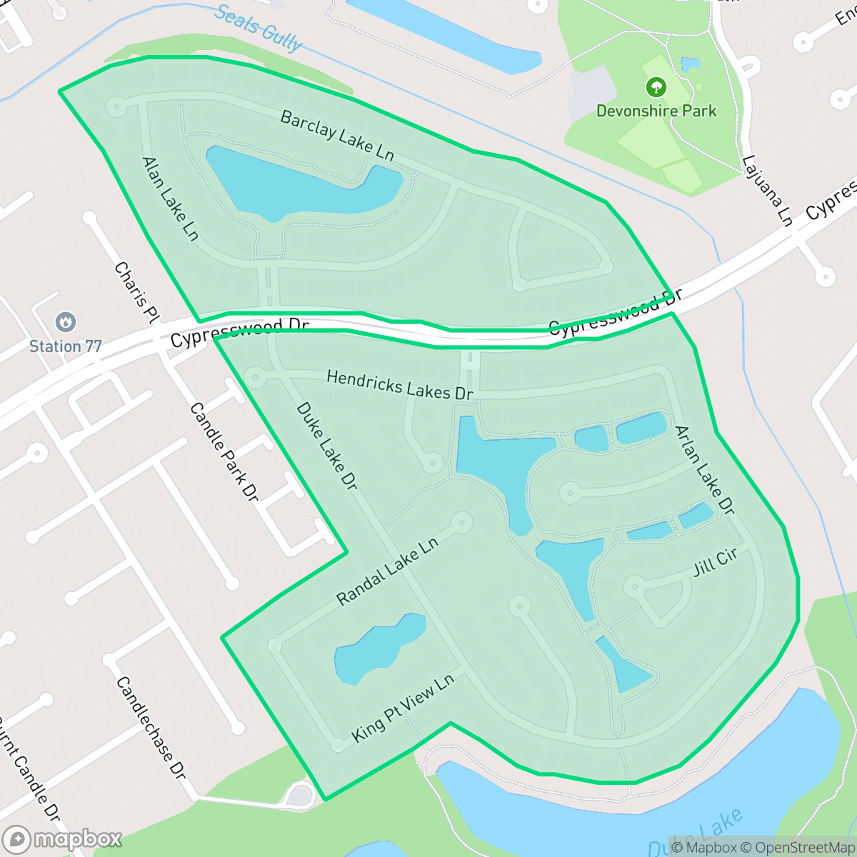 Map showing the location of The Lakes of Cypress Forest, Houston, TX