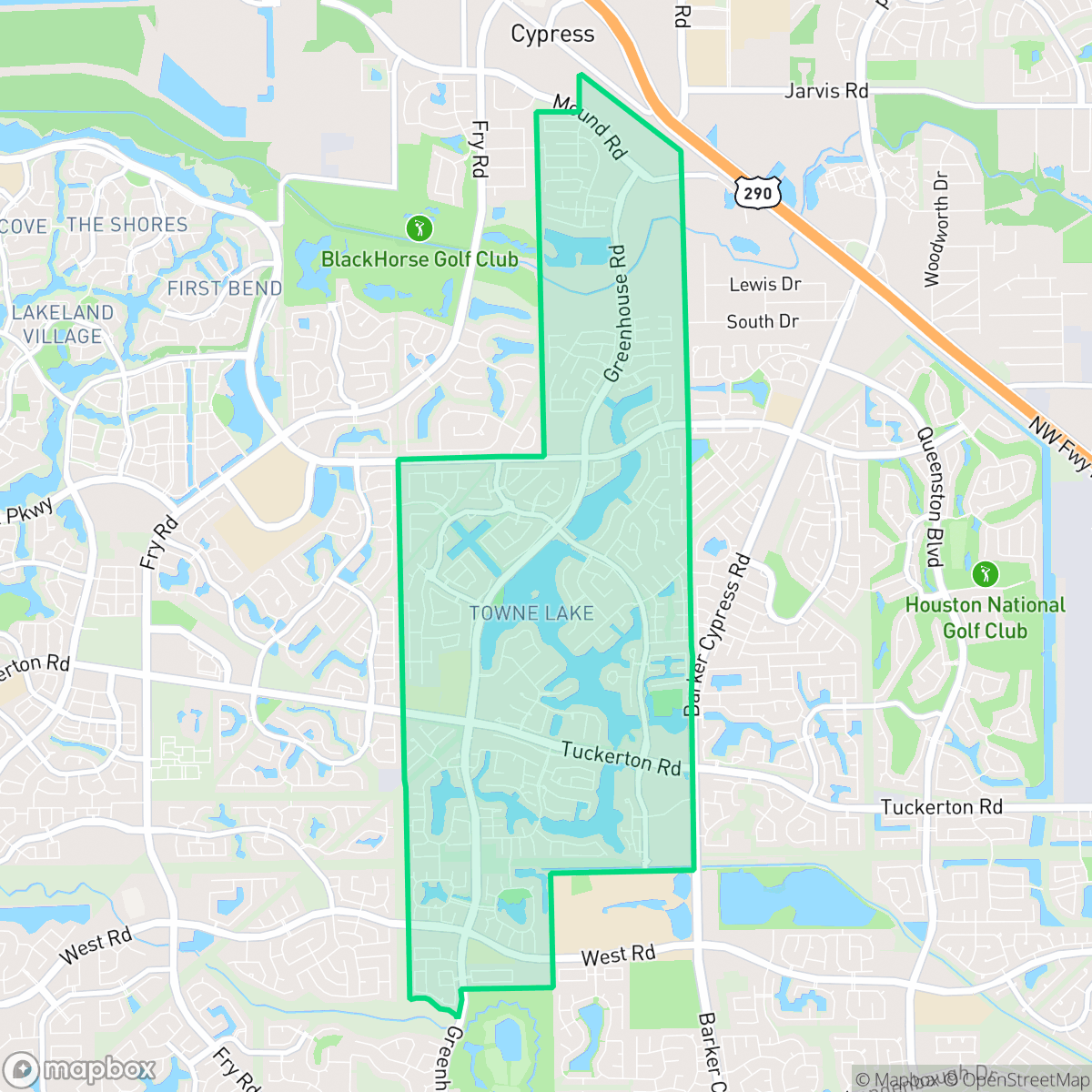 Map showing the location of Towne Lake, Houston, TX