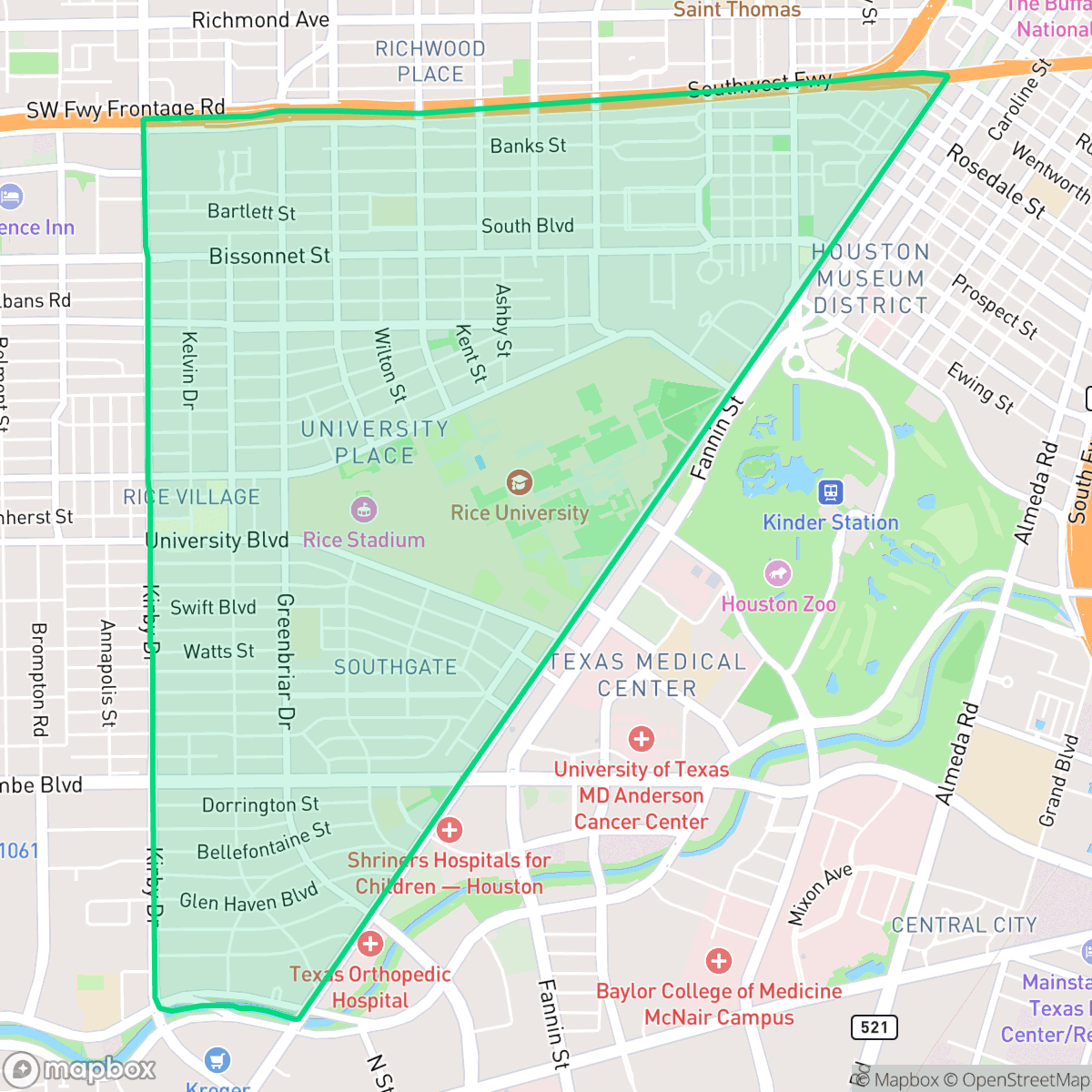 Map showing the location of University Place, Houston, TX