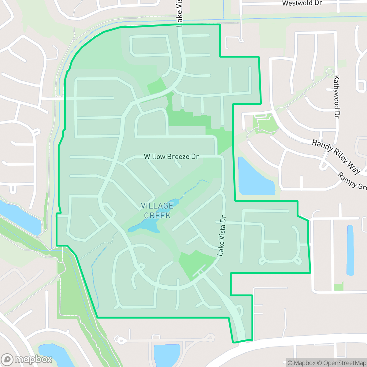 Map showing the location of Village Creek, Houston, TX