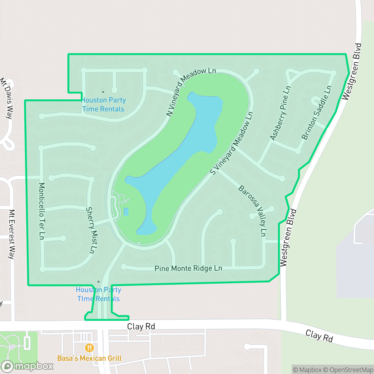Map showing the location of Vineyard Meadow, Houston, TX
