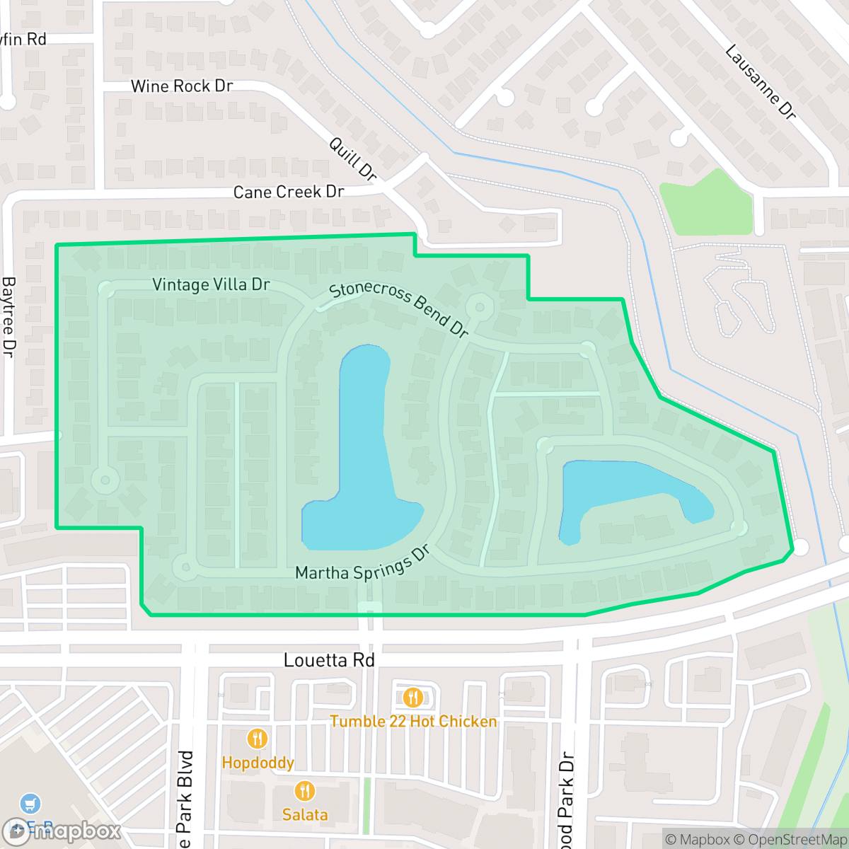 Map showing the location of Vintage Lakes, Houston, TX