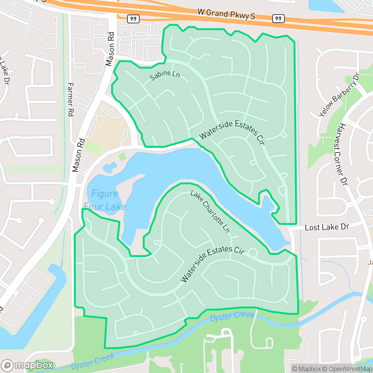 Map showing the location of Waterside Estates, Houston, TX