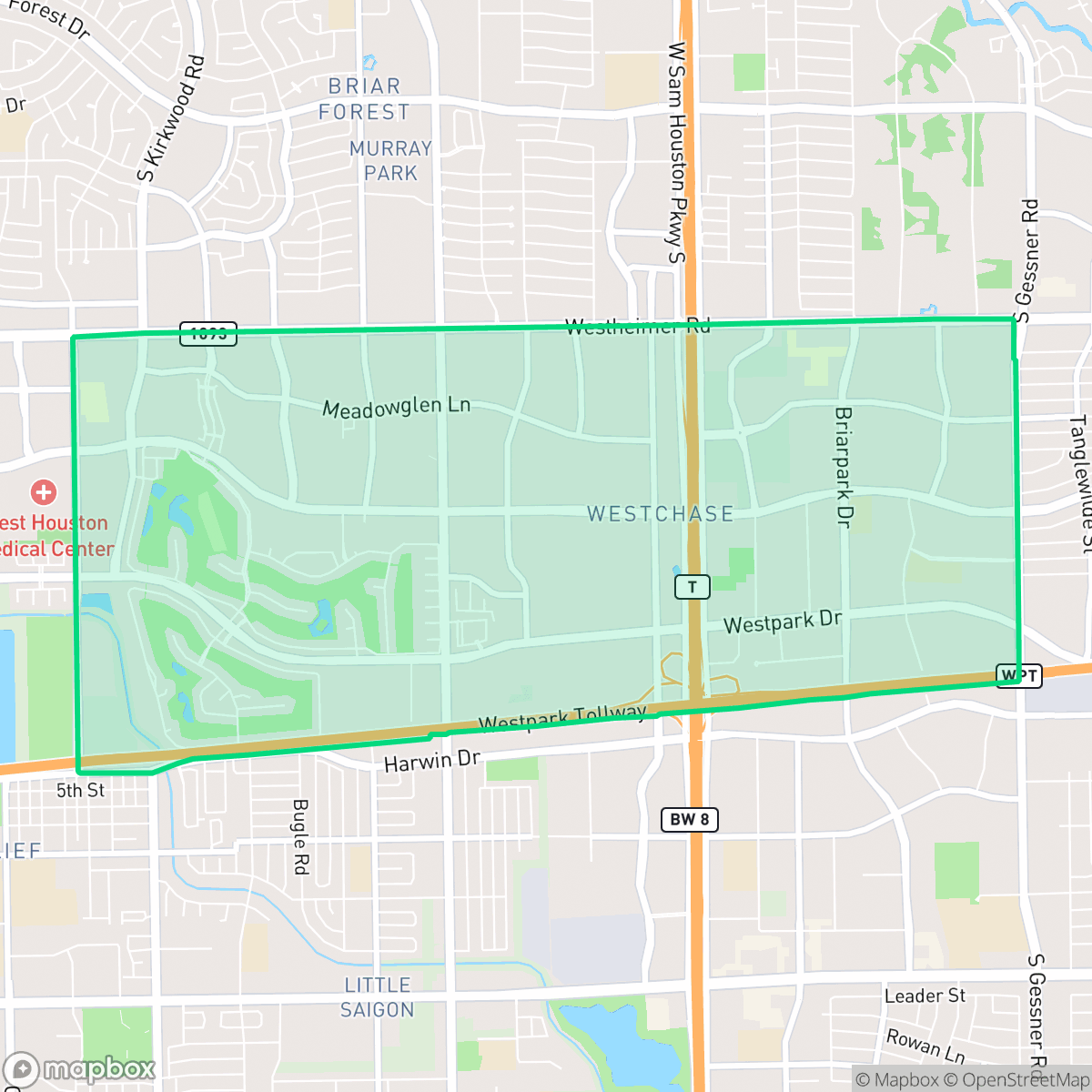 Map showing the location of Westchase, Houston, TX