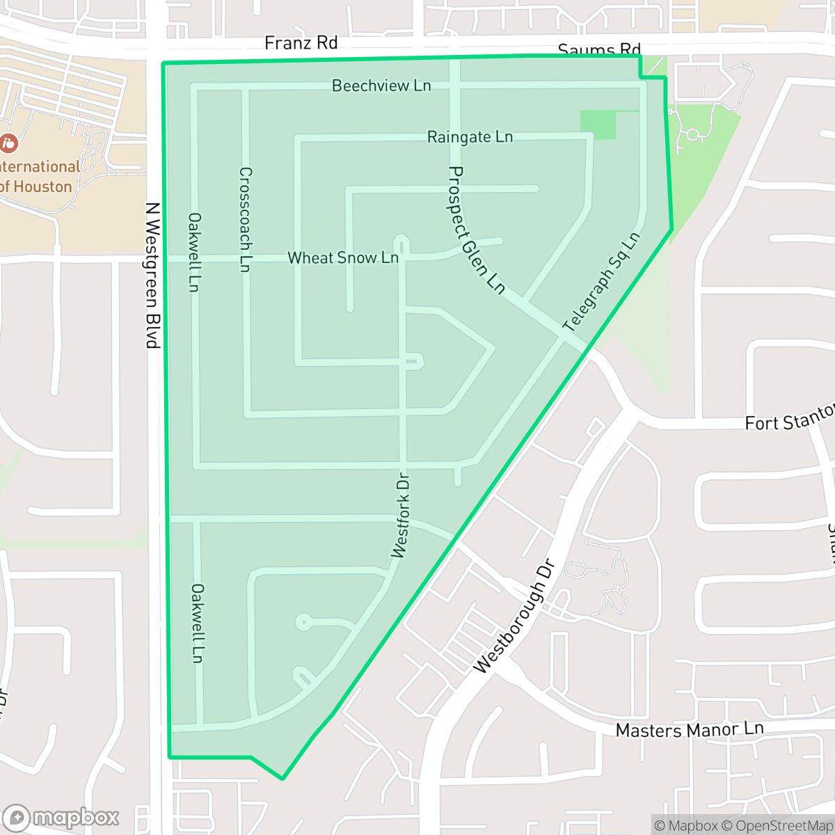 Map showing the location of Westgreen, Houston, TX
