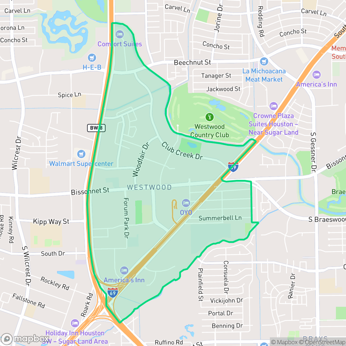 Map showing the location of Westwood, Houston, TX