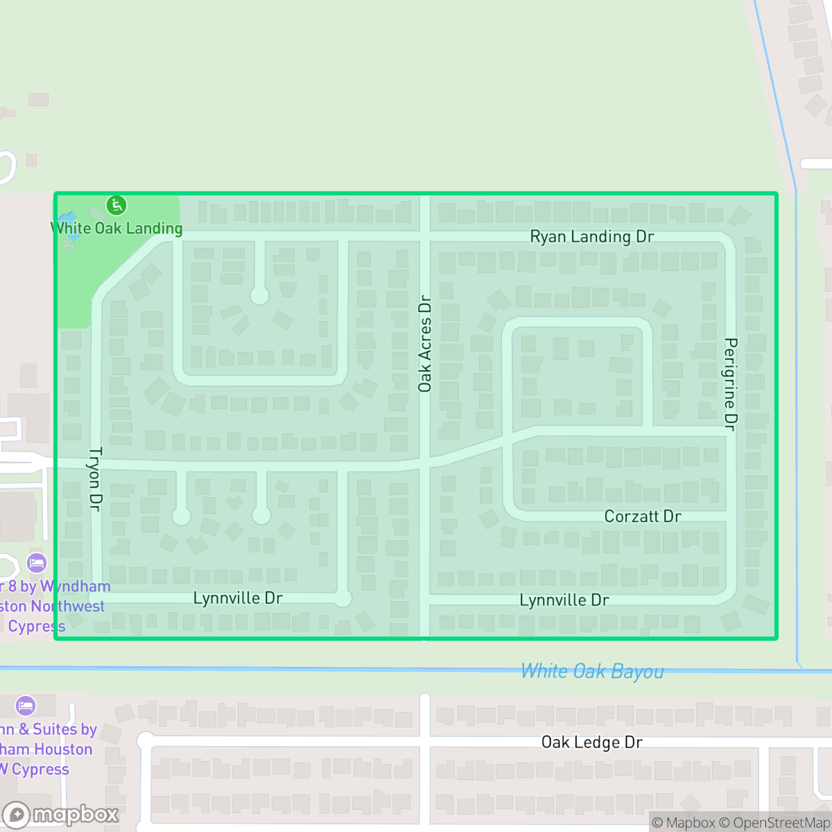 Map showing the location of White Oak Landing, Houston, TX