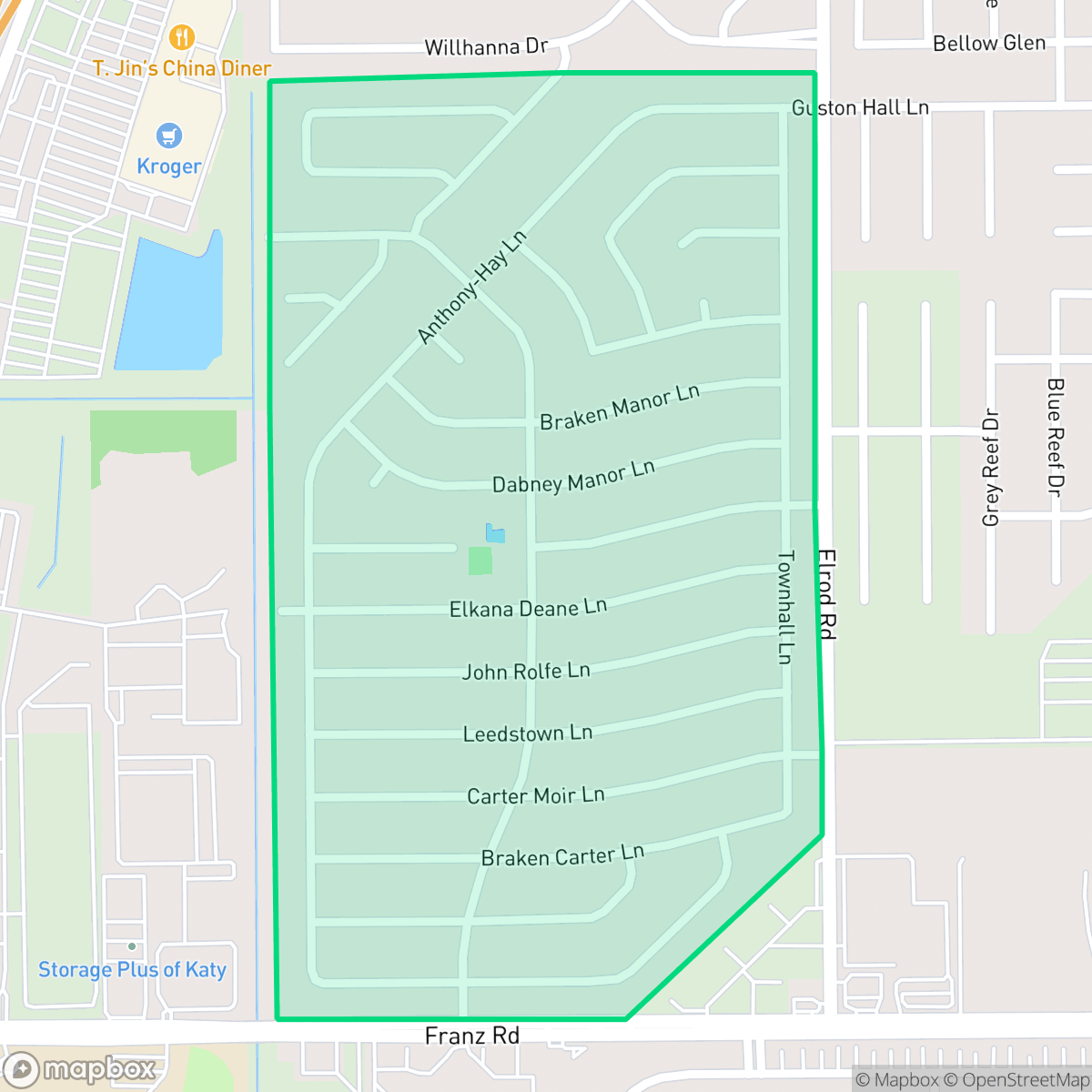 Map showing the location of Williamsburg Colony, Houston, TX