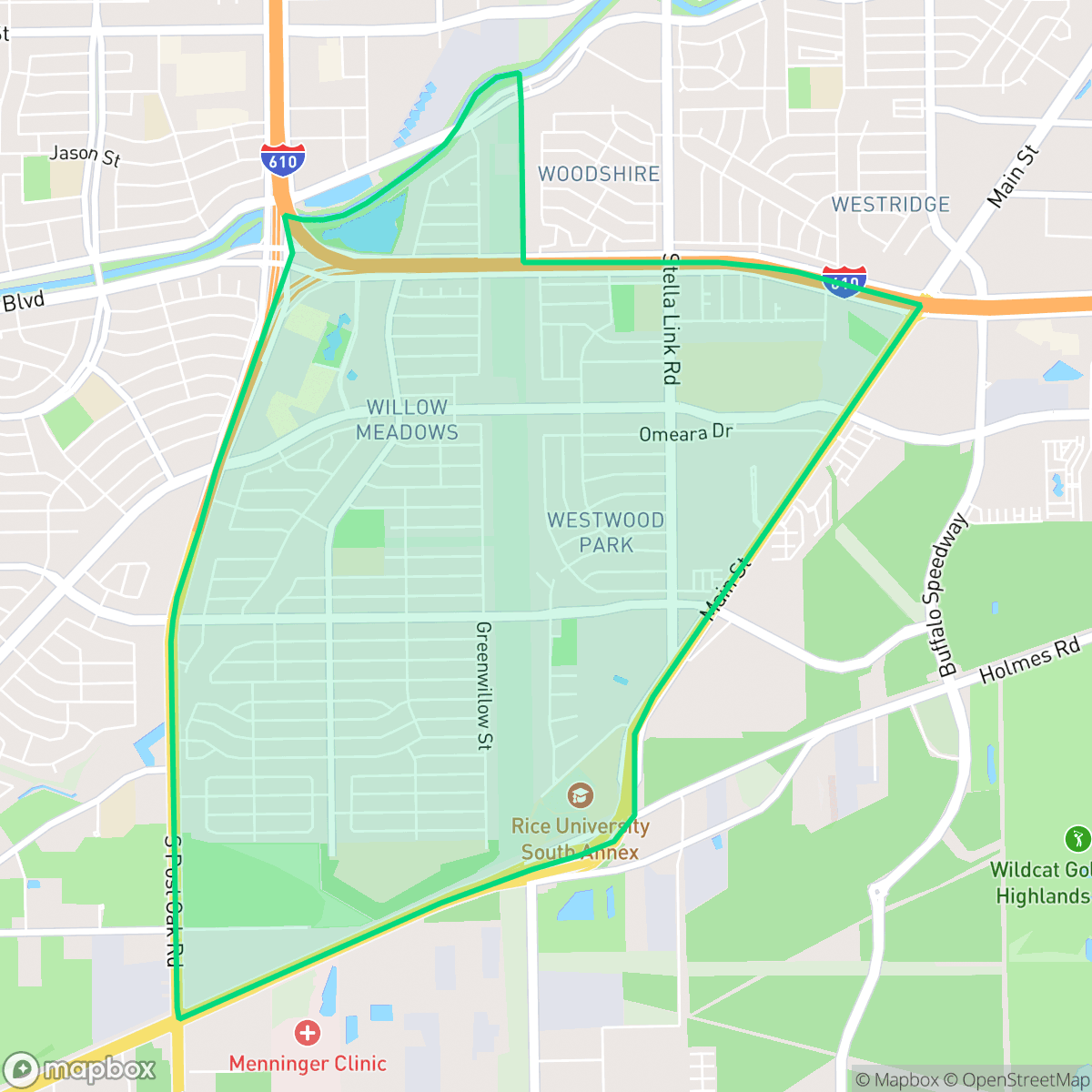 Map showing the location of Willow Meadows - Willowbend Area, Houston, TX