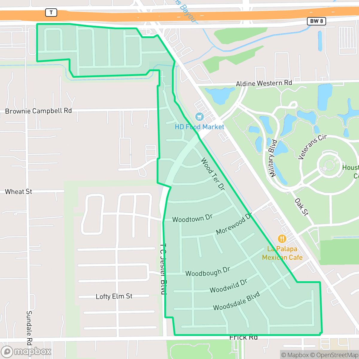 Map showing the location of Woodgate, Houston, TX