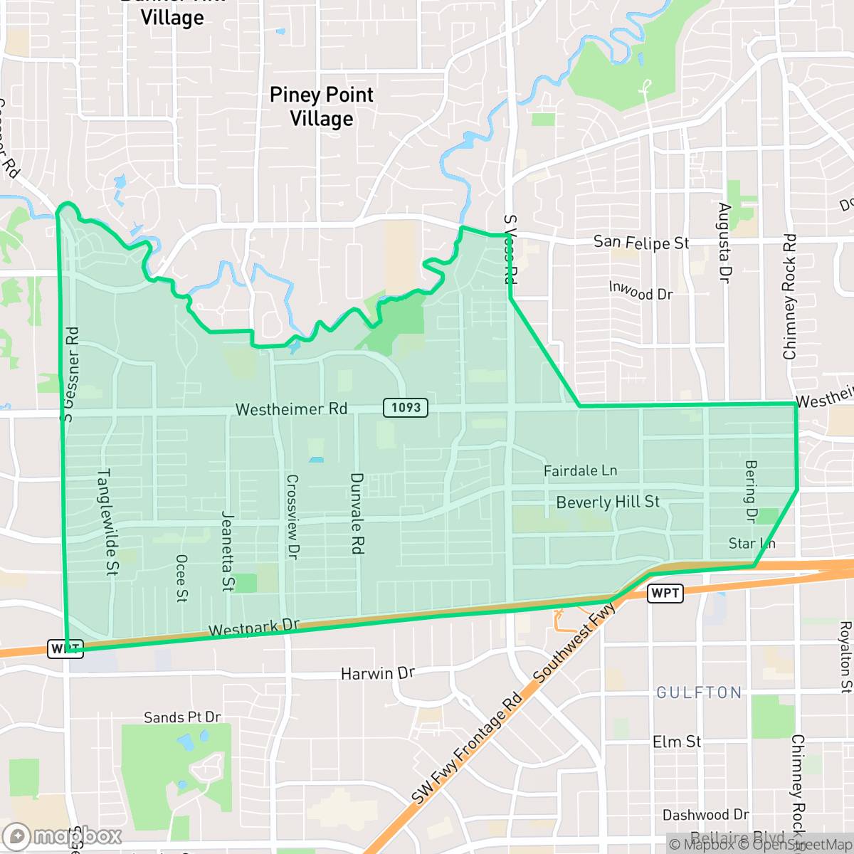 Map showing the location of Woodlake - Briarmeadow, Houston, TX