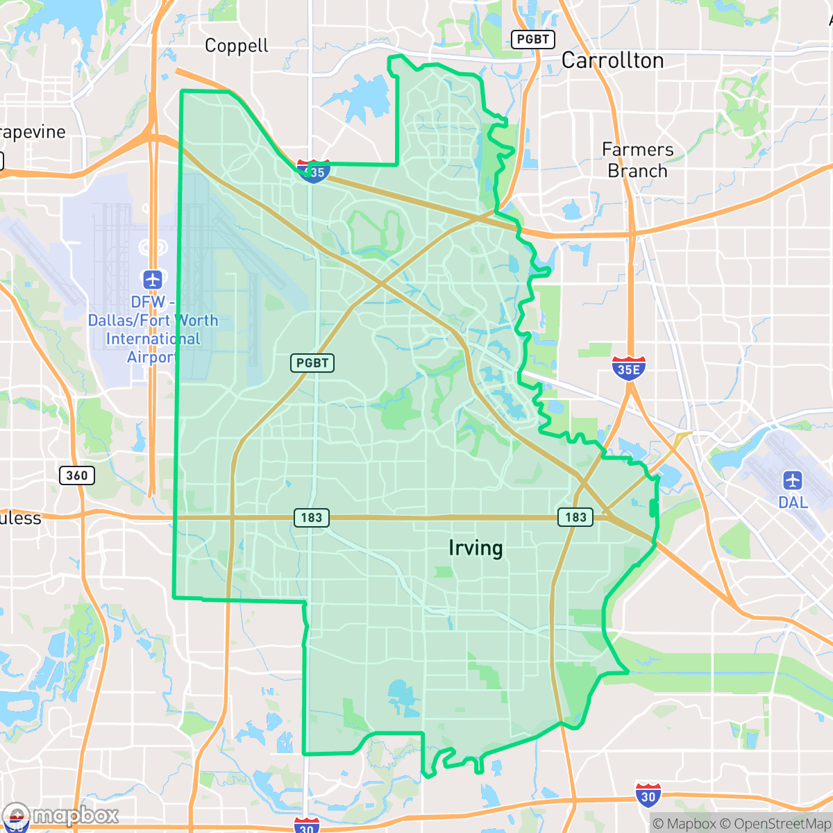 Map showing the location of Irving, TX — coverage area