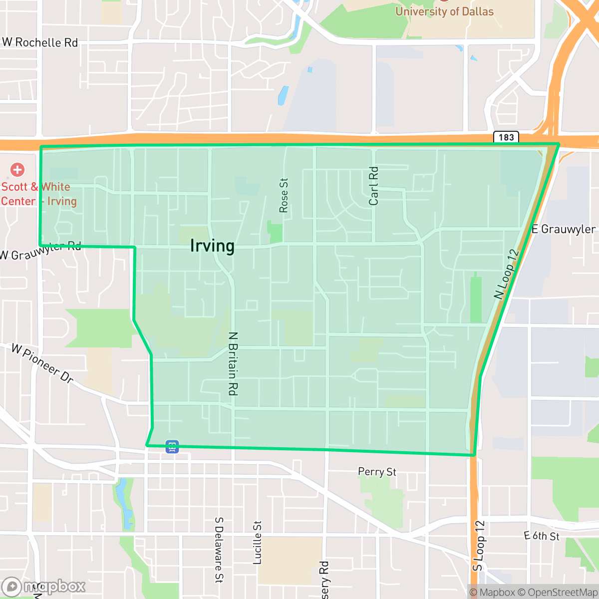 Map showing the location of Irving Heights, Irving, TX