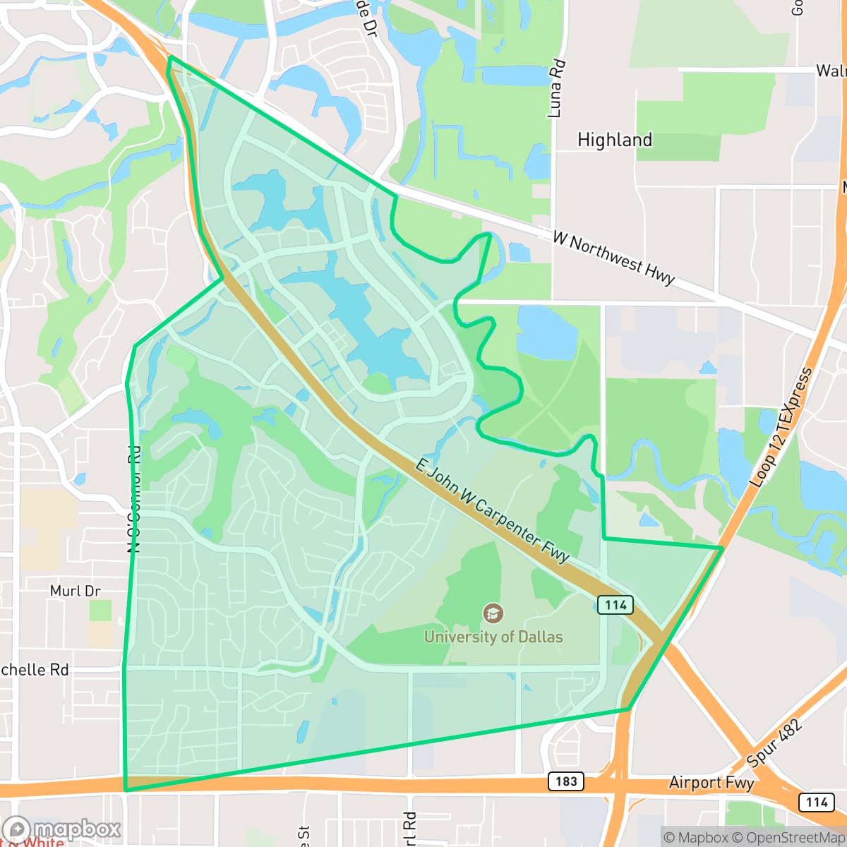 Map showing the location of Las Colinas Urban Center, Irving, TX