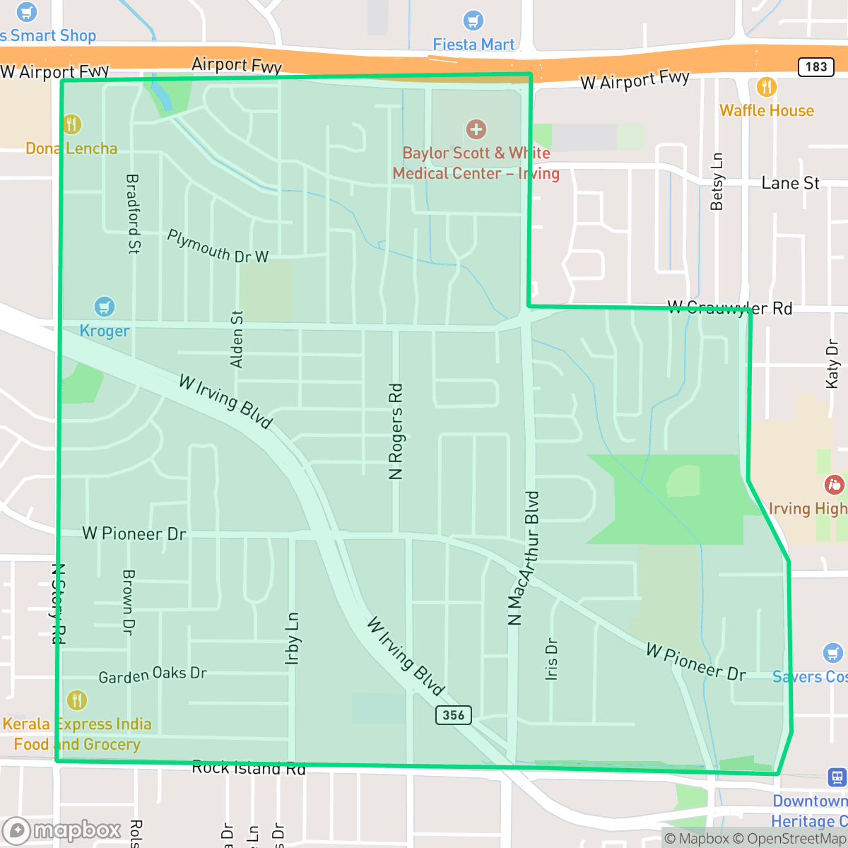 Map showing the location of Plymouth Park, Irving, TX