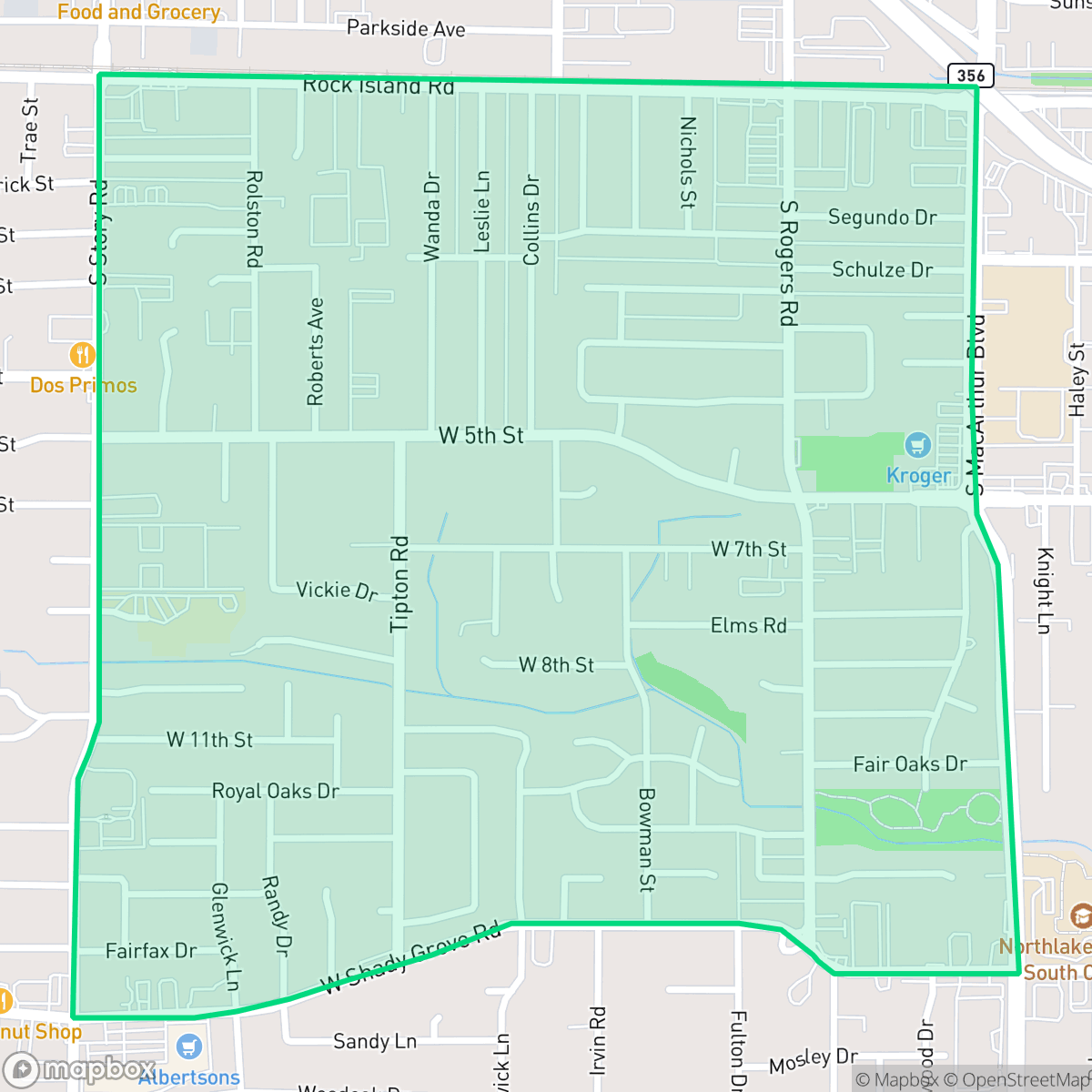 Map showing the location of Shady Grove, Irving, TX