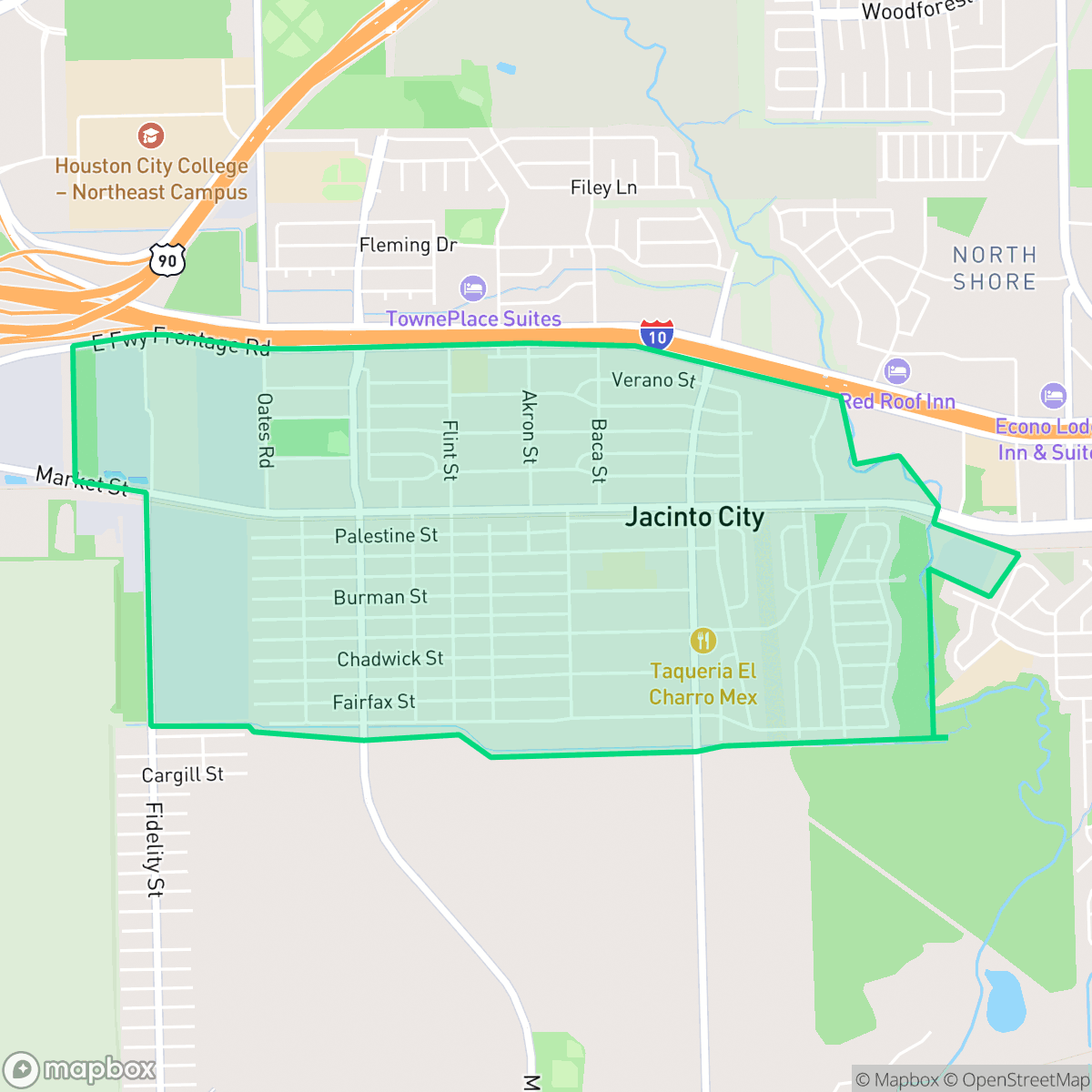 Map showing the location of Jacinto City, TX — coverage area