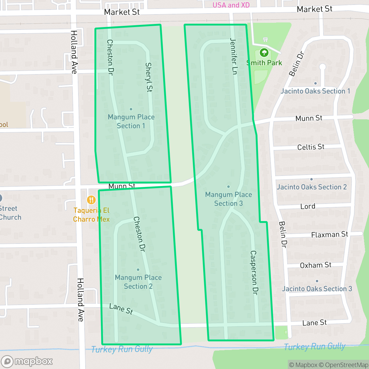 Map showing the location of Mangum Place, Jacinto City, TX