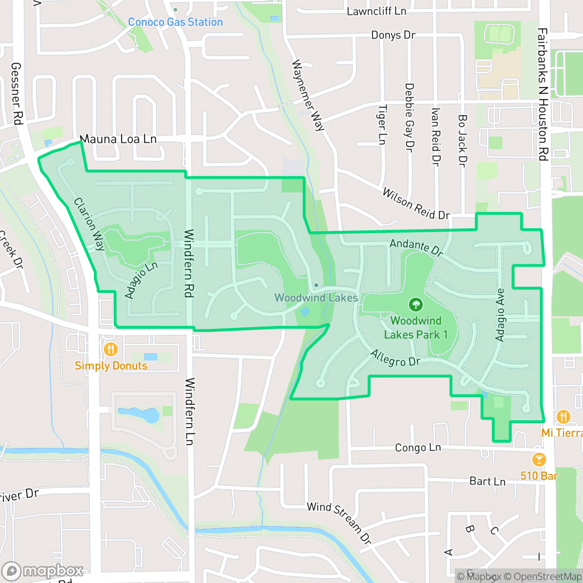 Map showing the location of Woodwind Lakes, Jersey Village, TX