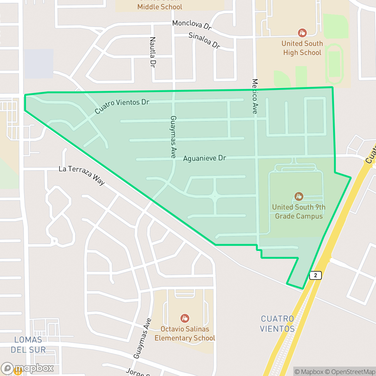 Map showing the location of Cuatro Vientos Norte, Laredo, TX