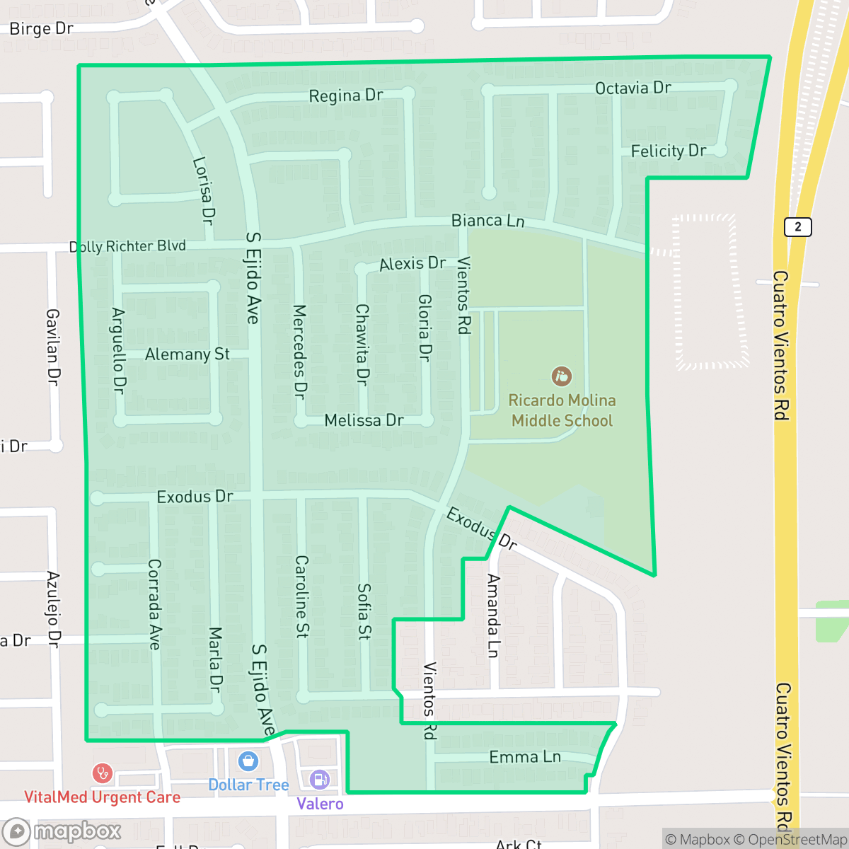 Map showing the location of Cuatro Vientos Sur, Laredo, TX