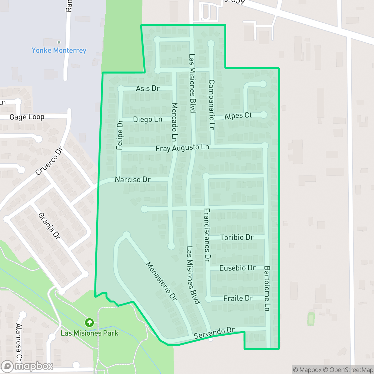 Map showing the location of Las Misiones, Laredo, TX