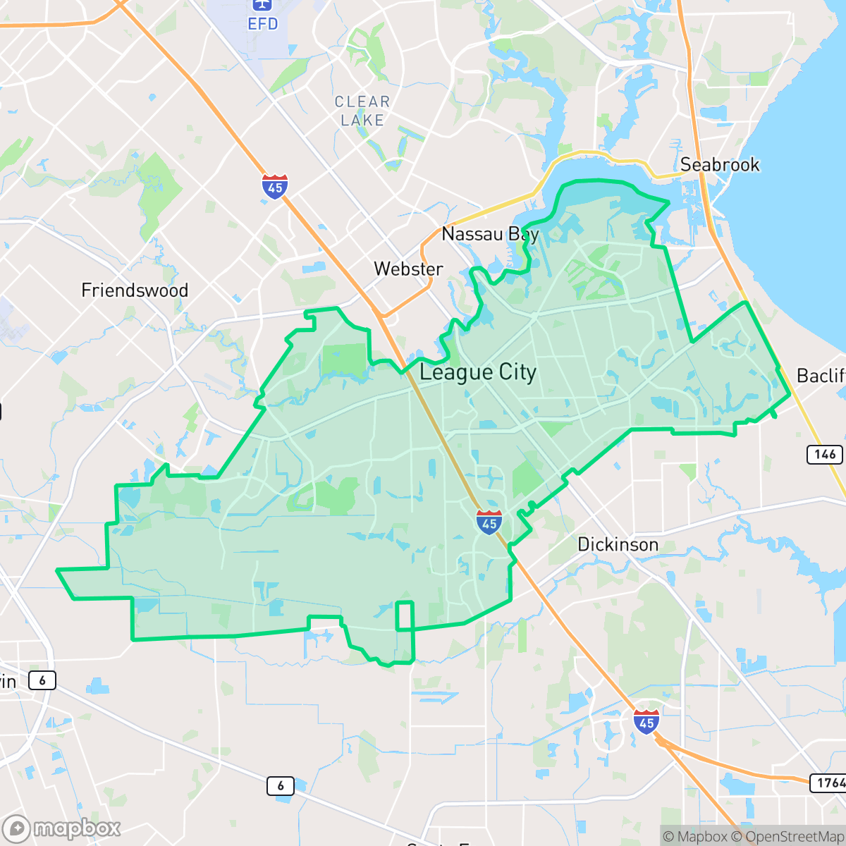 Map showing the location of League City, TX — coverage area