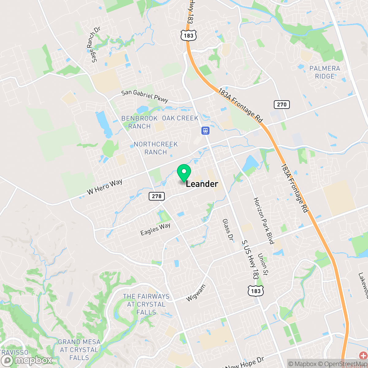 Map showing the location of Leander, TX — coverage area