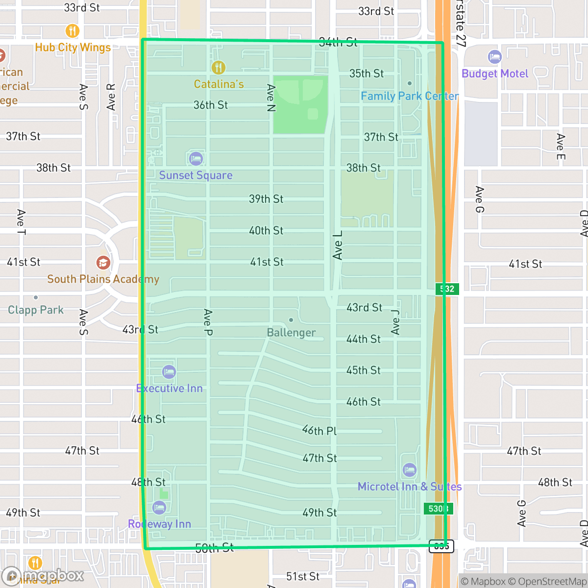 Map showing the location of Ballenger, Lubbock, TX