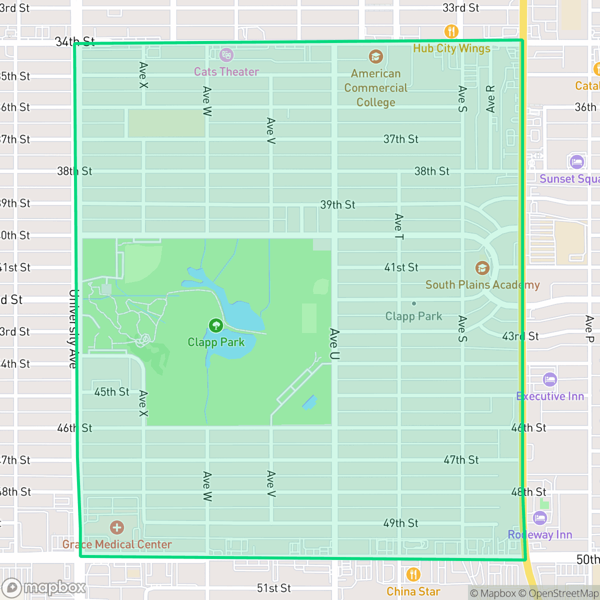 Map showing the location of Clapp Park, Lubbock, TX