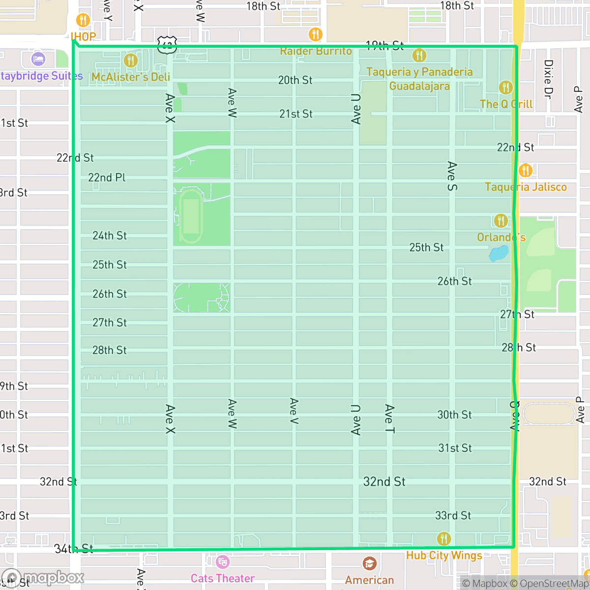 Map showing the location of Heart of Lubbock, Lubbock, TX