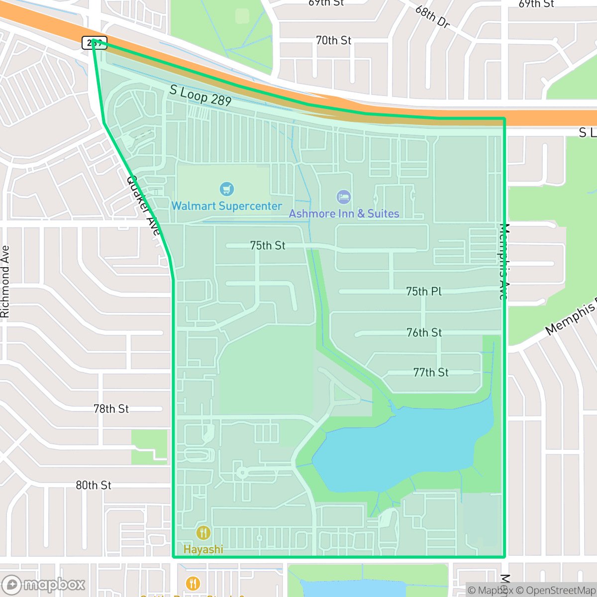 Map showing the location of Kings Park, Lubbock, TX