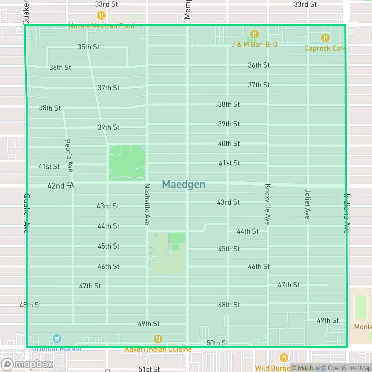 Map showing the location of Maedgen Area, Lubbock, TX