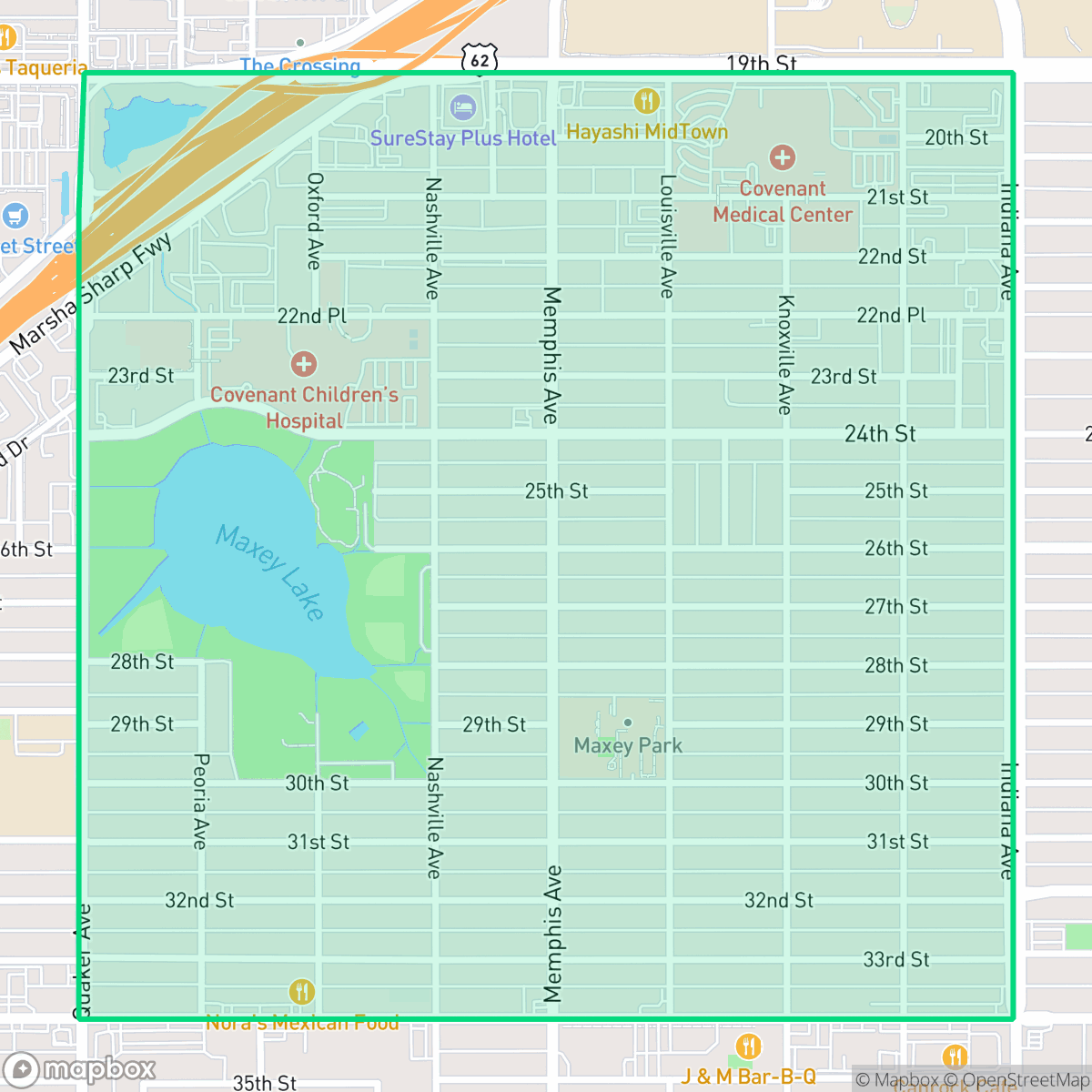 Map showing the location of Maxey Park, Lubbock, TX