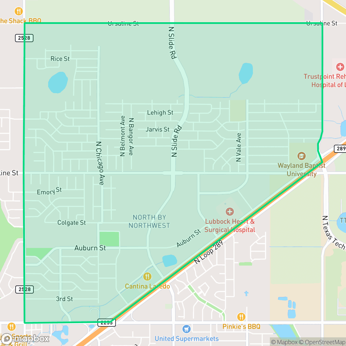 Map showing the location of North By Northwest, Lubbock, TX