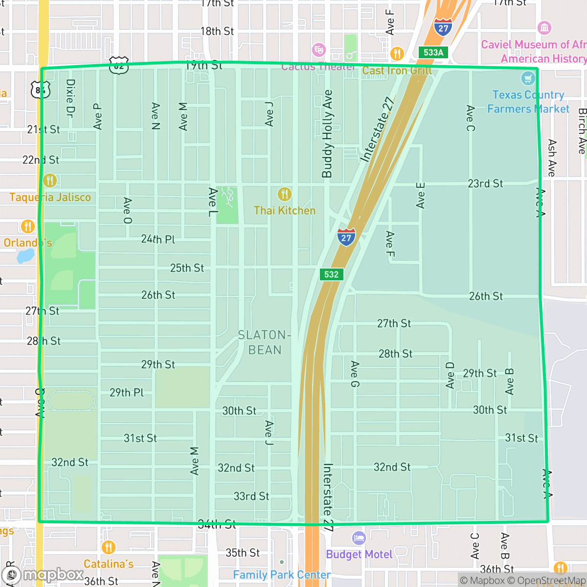Map showing the location of Slaton-Bean, Lubbock, TX
