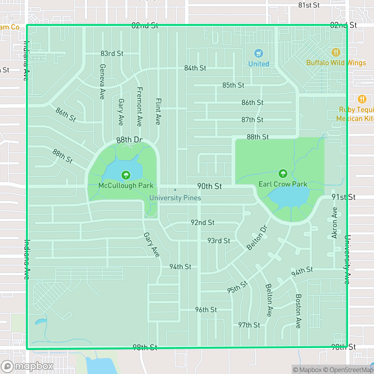 Map showing the location of University Pines, Lubbock, TX