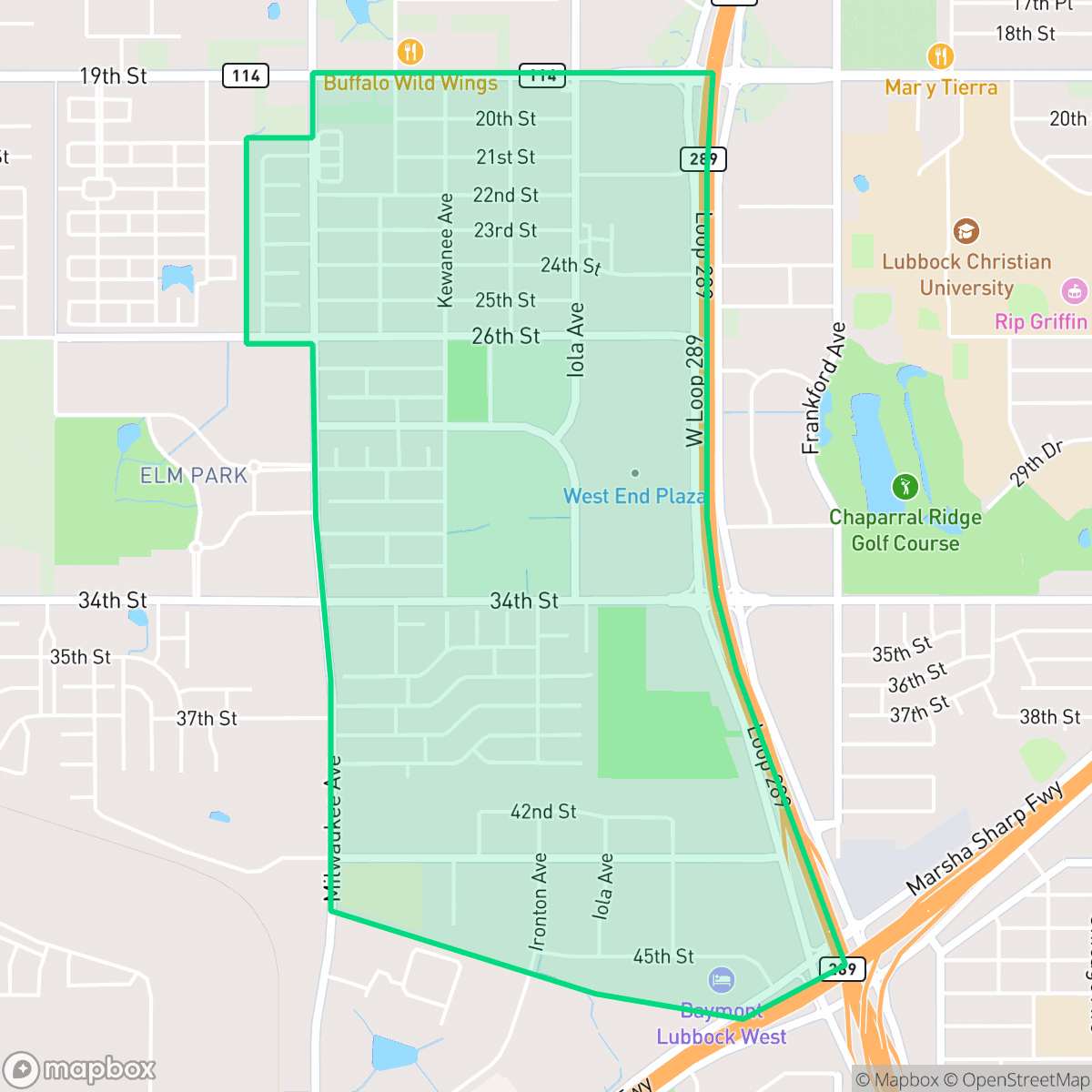 Map showing the location of West End, Lubbock, TX