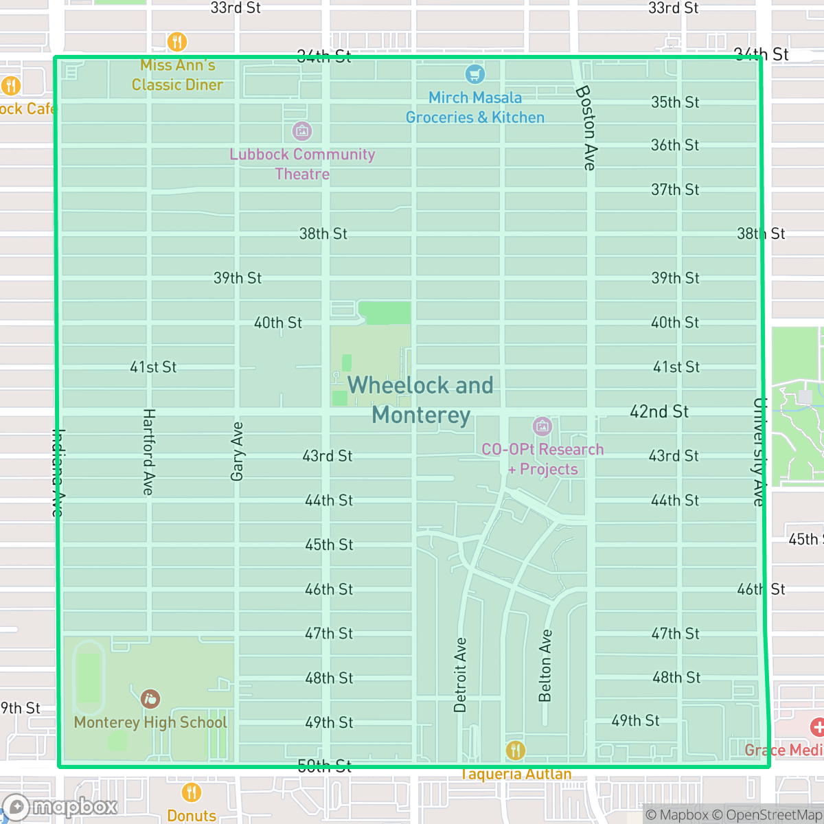 Map showing the location of Wheelock & Monterey, Lubbock, TX