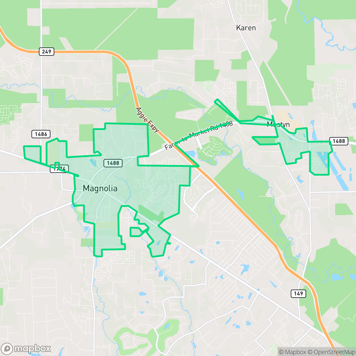 Map showing the location of Magnolia, TX — coverage area