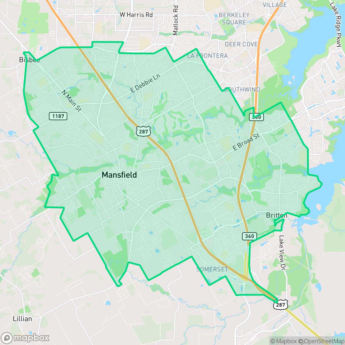 Map showing the location of Mansfield, TX — coverage area