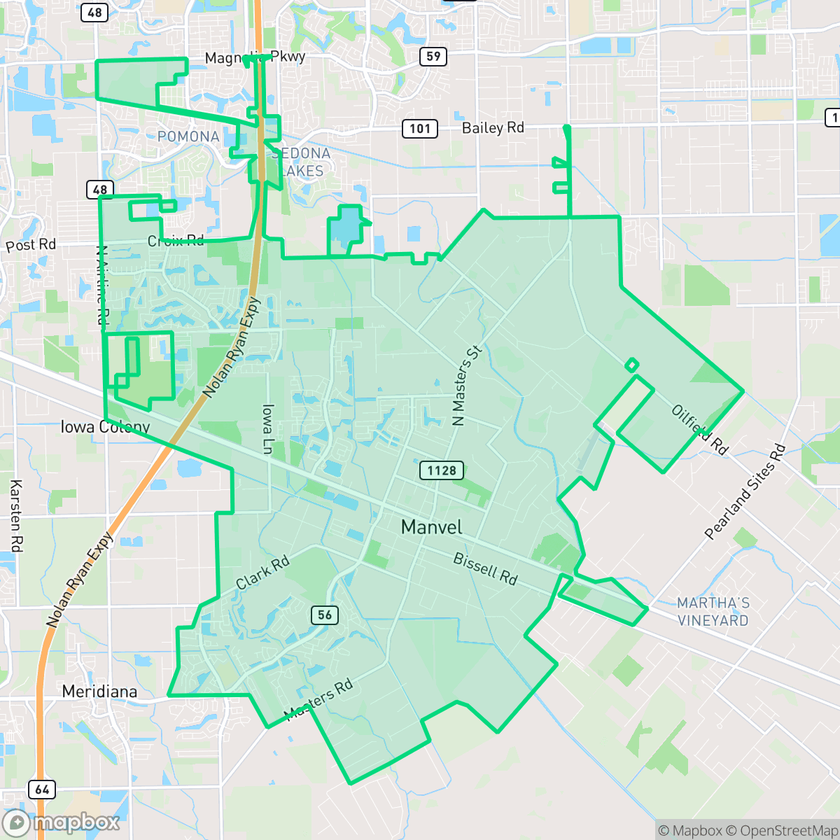 Map showing the location of Manvel, TX — coverage area