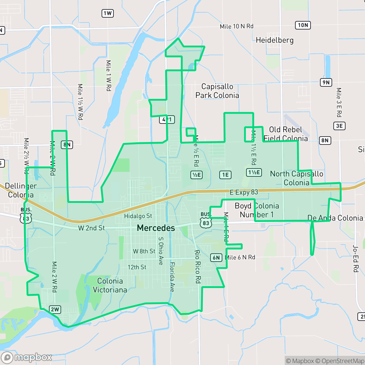 Map showing the location of Mercedes, TX — coverage area